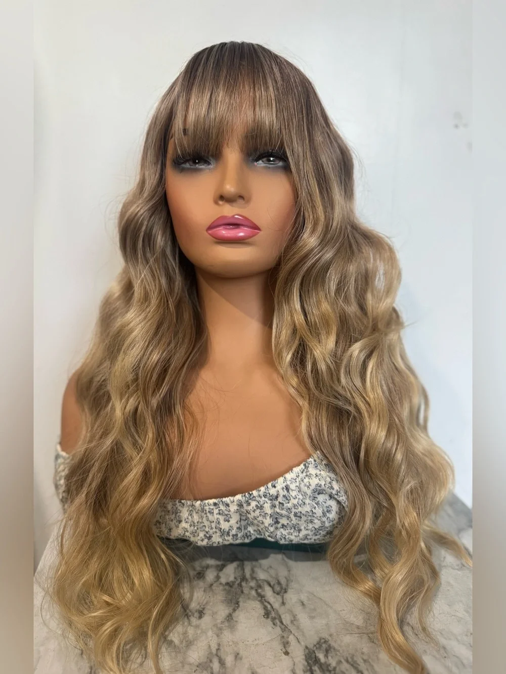 Long Wavy Ombre Wig with Bangs Brown to Honey Blonde Balayage Heat Friendly